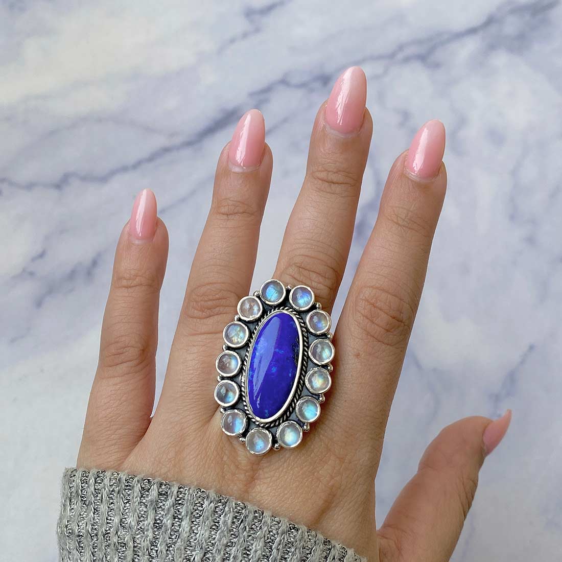 Lapis Lazuli And Moonstone Adjustable Ring-(LLP-FLR-9.)